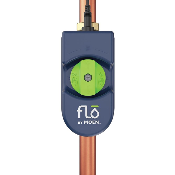 Flo by Moen smart leak detector mounted on a copper pipe